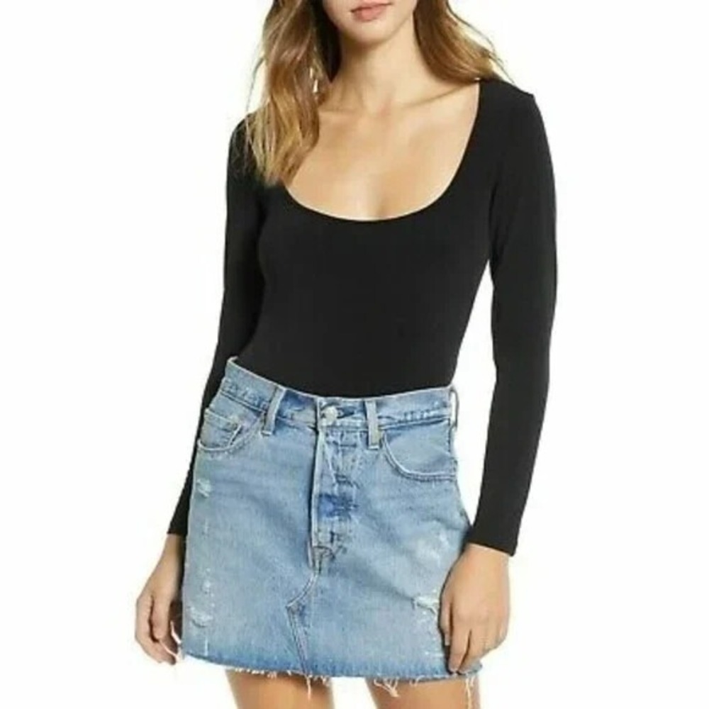 Leith Double Scoop Long Sleeve Thong Bodysuit in‎ Black Size XL